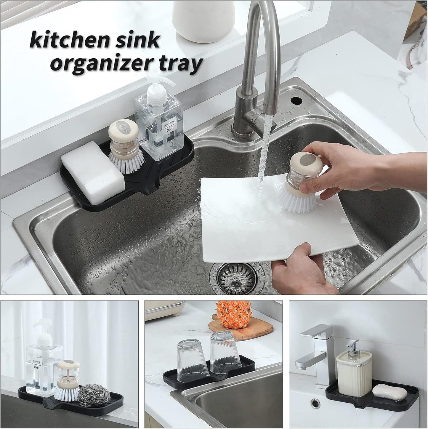 MicoYang Silicone Bathroom Soap Dishes with Drain Spout-Bathroom and Kitchen Sink Organizer,Sponge Holder,Dish Soap Tray,Perfect for Dispenser,Scrubber,Bottle,Cup on Sink or Counter-Black 4.9"×3.2"