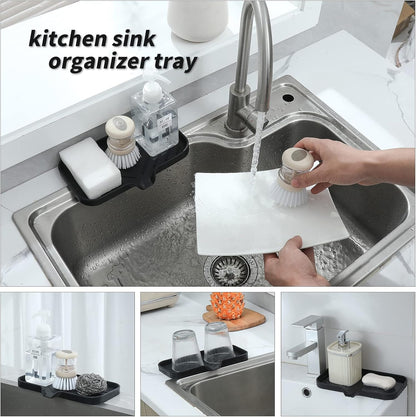 MicoYang Silicone Bathroom Soap Dishes with Drain Spout-Bathroom and Kitchen Sink Organizer,Sponge Holder,Dish Soap Tray,Perfect for Dispenser,Scrubber,Bottle,Cup on Sink or Counter-Black 4.9"×3.2"