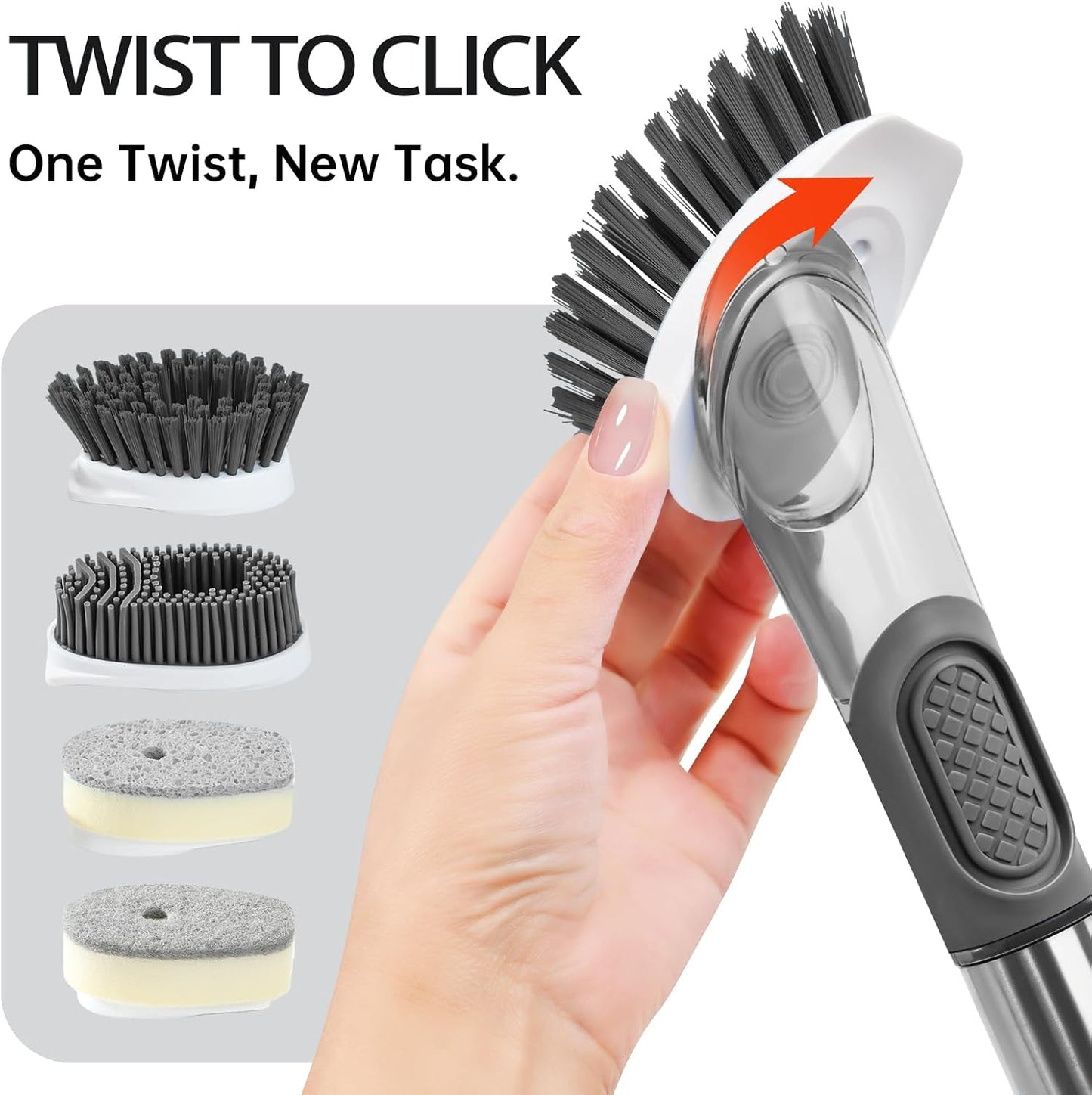 Soap Dispensing Scrub Brush - 4-in-1 Kitchen Cleaning Brush with Built-in Tank, Scraper Heads for Stubborn Grime on Pots Pans, Stand/Hang Storage-Blue