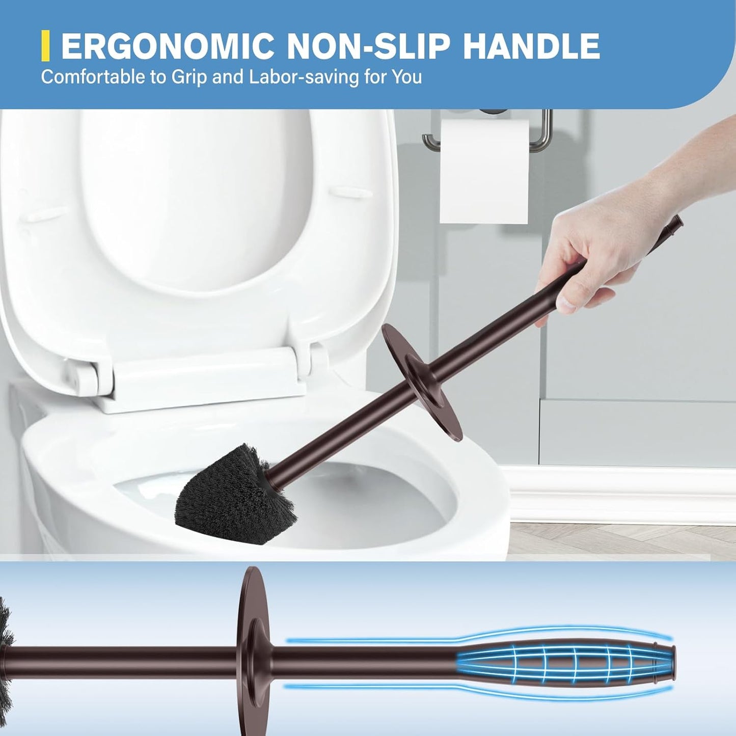 Toilet Brush, Aluminum Alloy Toilet Brush and Holder Set with Long Handle Durable Bristles Toilet Bowl Brush and Covered Holder for Toilet Scrubber for Bathroom Cleaning (2Pcs Dark Brown)