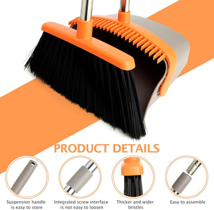 Broom and Dustpan Set, Long Handle Lightweight Dustpans with Broom Combo for Home, Indoor&Outdoor Sweeping for Home Room Kitchen Office Lobby (Charcoal)
