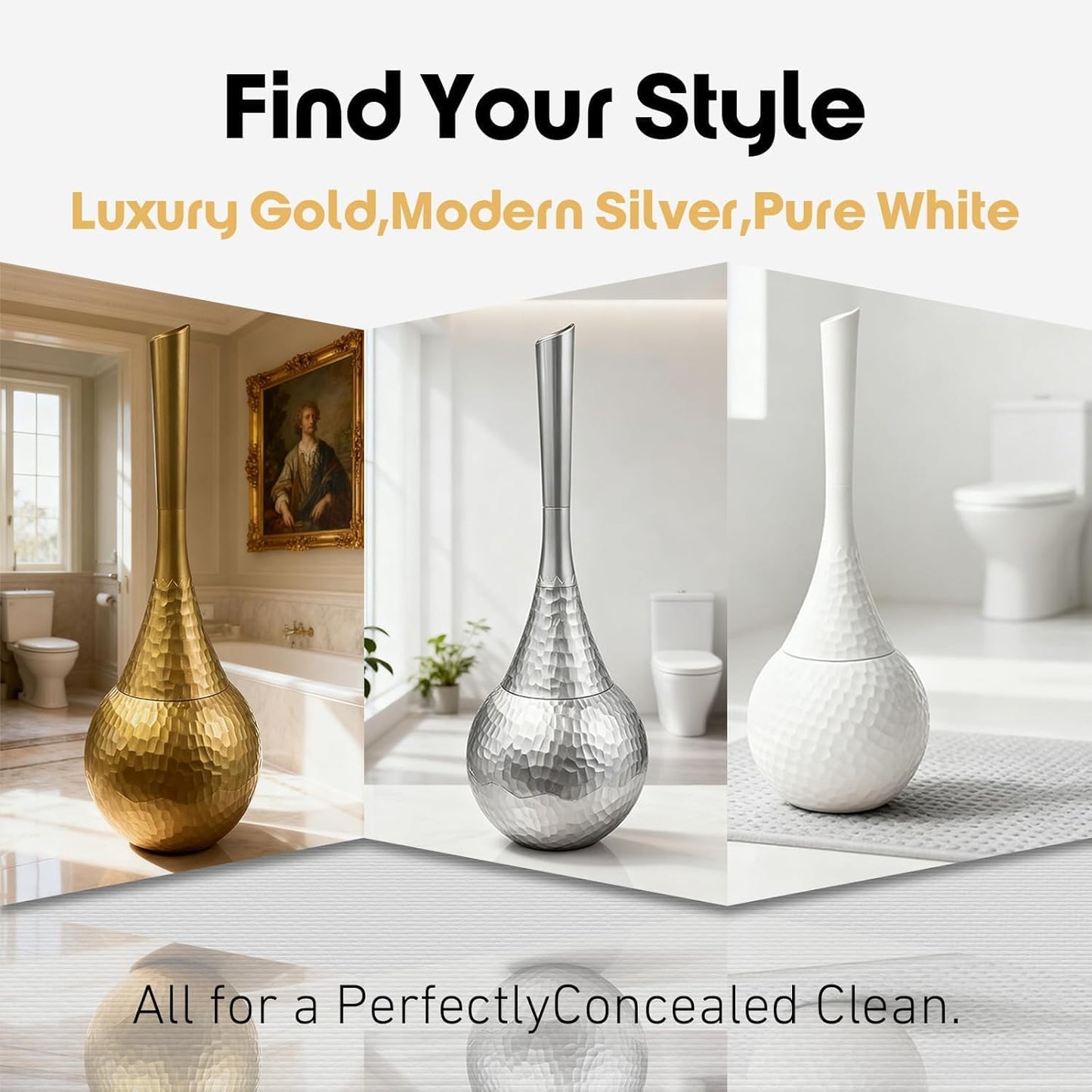 Hideaway Toilet Brush Set, Hammered Gold | Small Bathroom Space-Saver | Anti-Splash Shield & 360° Deep Clean | Housewarming Gift for Homeowners | Rust-Proof ABS Modern Bath Accessories