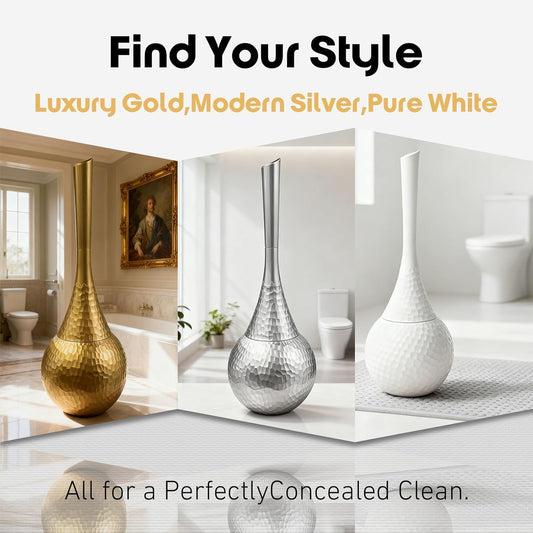 Hideaway Toilet Brush Set, Hammered Gold | Small Bathroom Space-Saver | Anti-Splash Shield & 360° Deep Clean | Housewarming Gift for Homeowners | Rust-Proof ABS Modern Bath Accessories