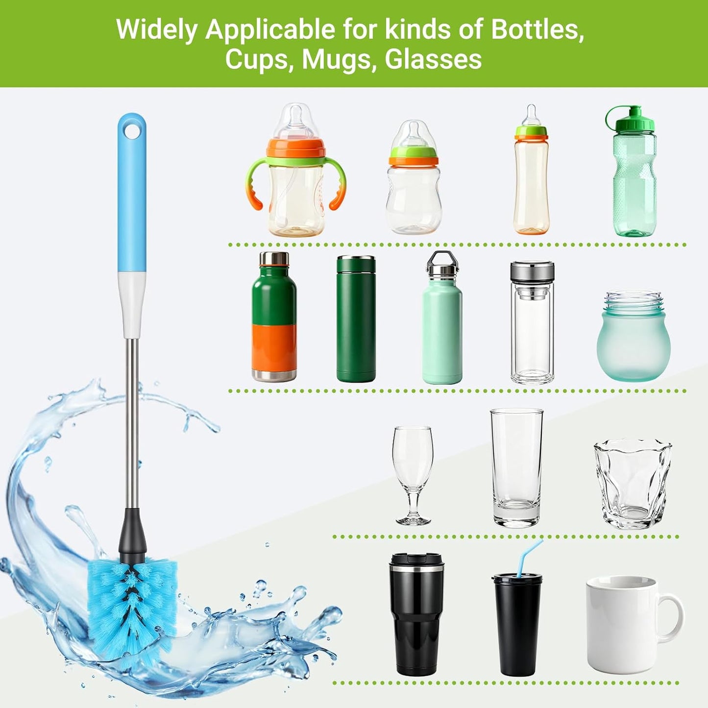 Water Bottle Brush, 15 Inches Bottles Brush, Long Handle Water Bottle Cleaner Brush, Kitchen Cup Brush Built for Cleaning Cup, Wine Glasses, Coffee Mugs, Tumblers, Wine Decanters, Blue