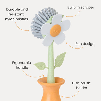 Vigar Florganic Daisy-Shaped Dish Brush with Vase Dish Brush Holder, Dish Brush with Handle, for Pot Scrubber, Kitchen Dishes, and Sink Cleaning, Pink