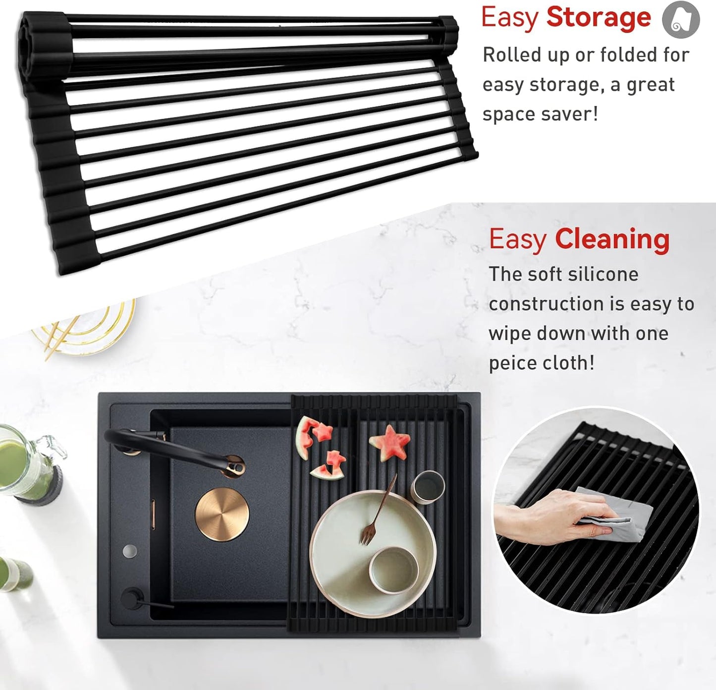 MERRYBOX Triangle Roll Up Dish Drying Rack Over The Sink, 2025 Anti-Rust Sink Drying Rack with Full Silicone Wrapped for Top of Corner, Anti-Slip Organizer for Kitchen