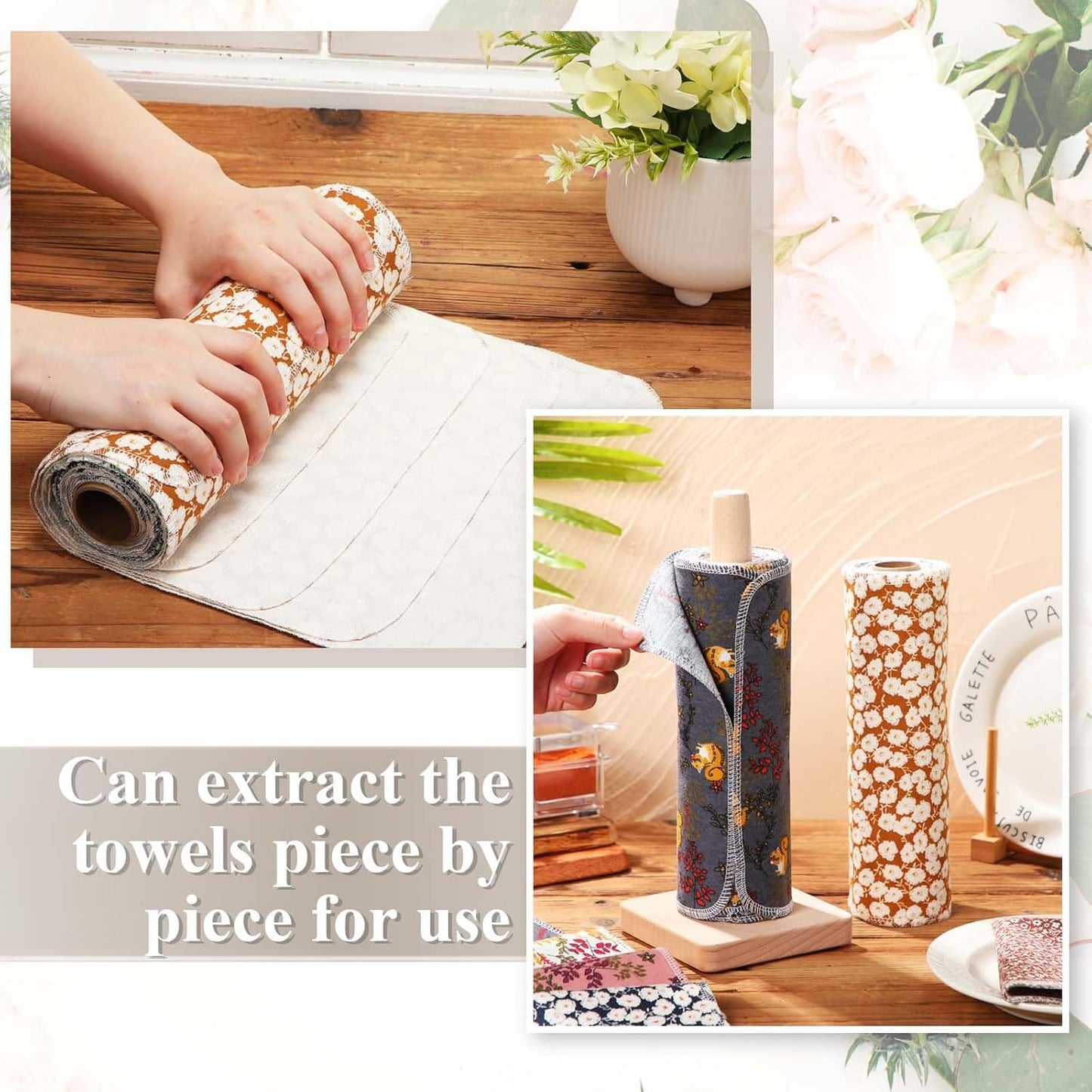 Redbaker 50 Pcs Reusable Paper Towels Paperless Reusable Cotton Cloths Toilet Absorbent Washable Paper Towels with Roll Kitchen Dishcloth for Kitchen Paperless Dishcloths(Stripe)