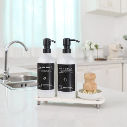 [Luxury] Kitchen Soap Dispenser Set - 16OZ Amber Glass Bottle, Stainless Steel Pump, Instant Dry Tray, Waterproof Labels, Non-Slip Silicone Pad, and Dish Brush | Upgrade for Your Kitchen and Bathroom