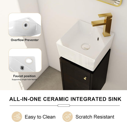 SSLine Modern 24-Inch Bathroom Vanity with Sink Wall Mounted Bathroom Vanity with Top Basin & Storage Cabinet White Wood Floating Vanity w/Ceramic Sink & Gold/Black Handles for Small Space