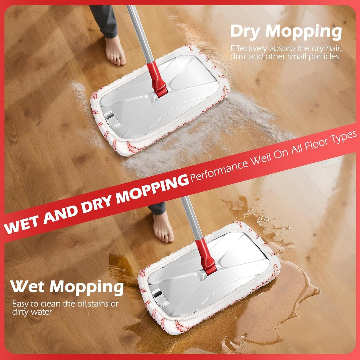 Mops for Floor Cleaning, Masthome Flat Dust Mop with 4 Reusable Pads, 2-Sided Microfiber Dust Mop for Wet & Dry Use, Flat Flip Mops for Hardwood, Laminate, Vinyl,Kitchen, Tile -1 Scraper