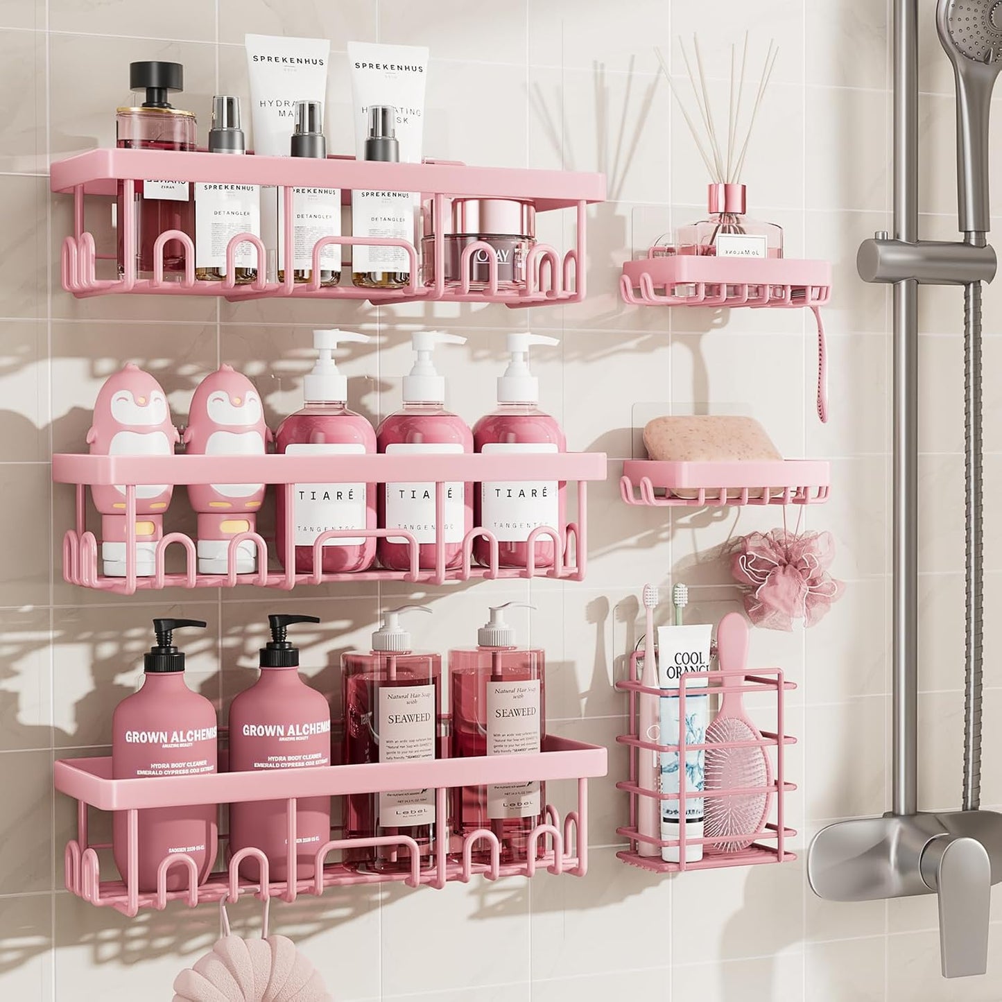 Veken Shower Caddy 6-Pack, Advanced Rustproof Design, No Drilling Adhesive Shelves, Rack with Soap Holder, Large Capacity Bathroom Organizers and Storage, Wall-Mounted, Gifts for Women Mom