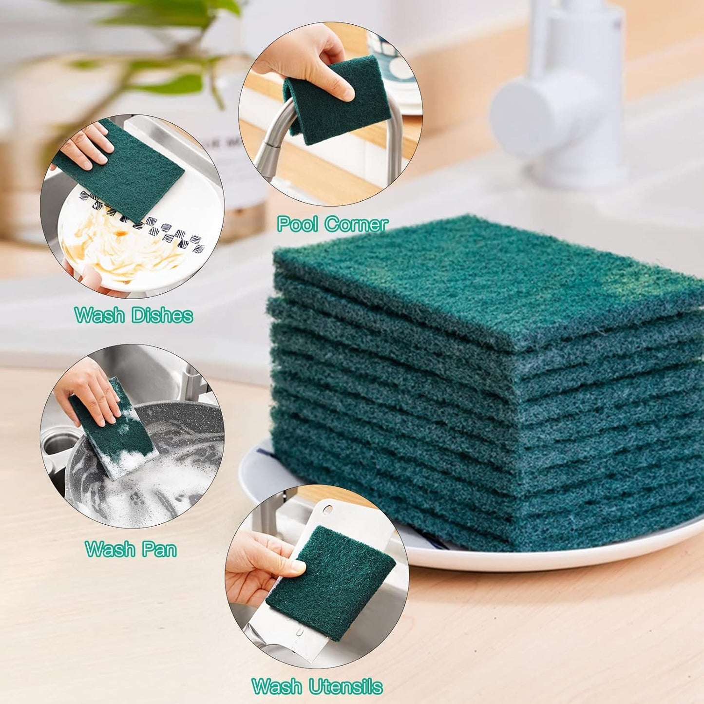 Heavy Duty Scour Pads Sponge Dish Scrubber Non-Scratch Green Reusable Household Scrub Pads for Kitchen and Dish Cleaning Tool (12Pcs)