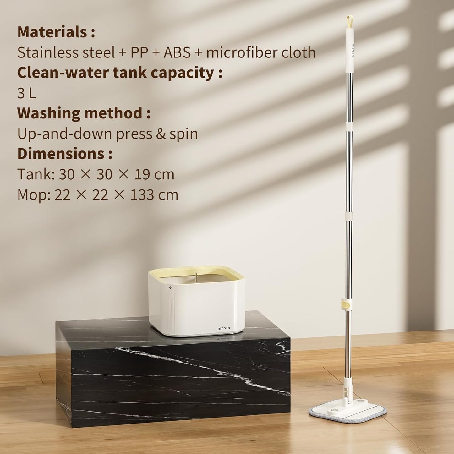 Mrbin Spin Mop for Floor Cleaning and Bucket Set, 2 In 1 Quick Dry Wet Flat Swivel Trapeador Hands Free with Washable Microfiber Pads, Refillable Tank for Hardwood, Laminate, Tile, Vinyl, Cream White