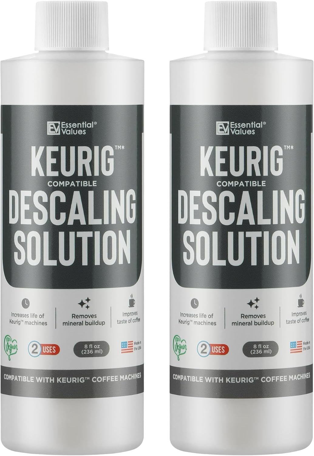 Essential Values Descaling Solution (8 fl oz / 236 ml) – Coffee Maker Cleaner for Nespresso, Keurig, Breville & More – Works on All Machines & Espresso Makers – Made in USA