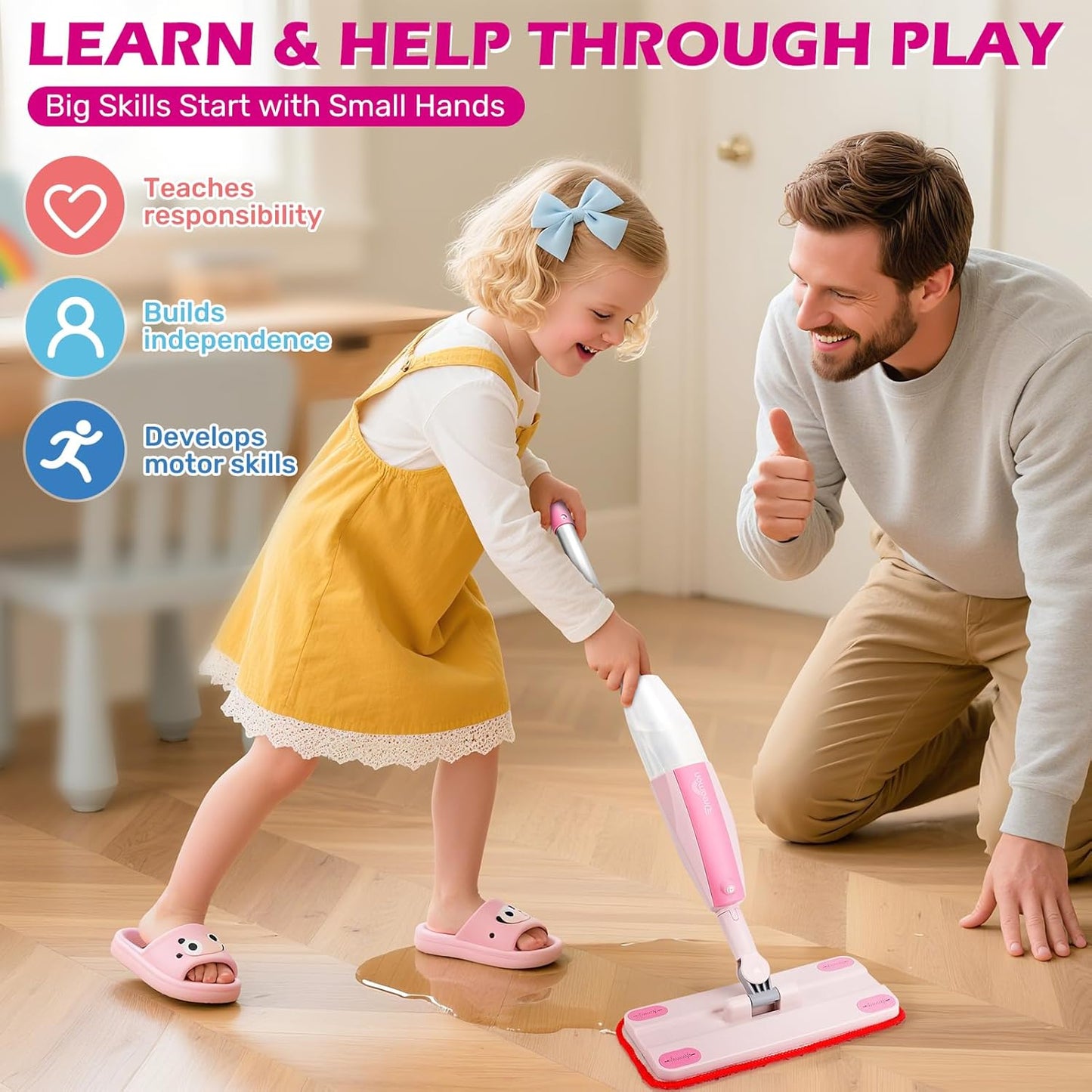 Dreamon Kids Spray Mop - Real Working Toddler Cleaning Set with Water Sprayer & 3 Washable Mop Pads & Scraper, Pretend Play Montessori Housekeeping Toys Gifts for Toddlers Kids Girls Boys(Blue)