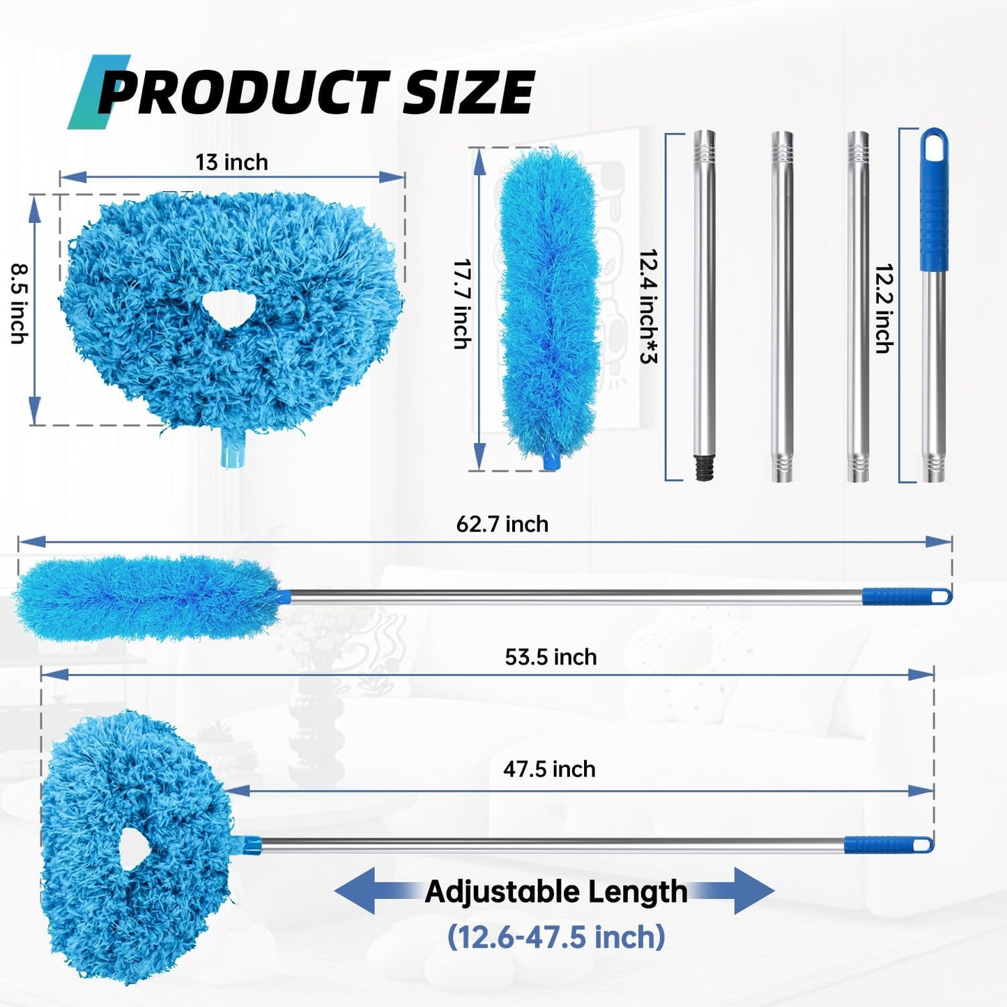 DRQ Ceiling Fan Cleaner Duster, Reusable Microfiber Duster with Extension Pole, 13 to 48 Inch Fan Blade Cleaner, Removable Dusters for Cleaning Walls Bookshelves Door Window Top (Blue)