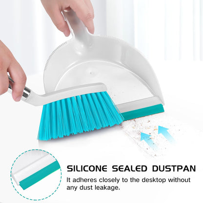 NACENA Mini Broom and Dustpan Set, Small Dust Pan and Brush Set with Handle Dustpan Teeth for Cleaning Hair Suitable for Office Desks Drawers Sofas Outdoor Camping, Light & Purple