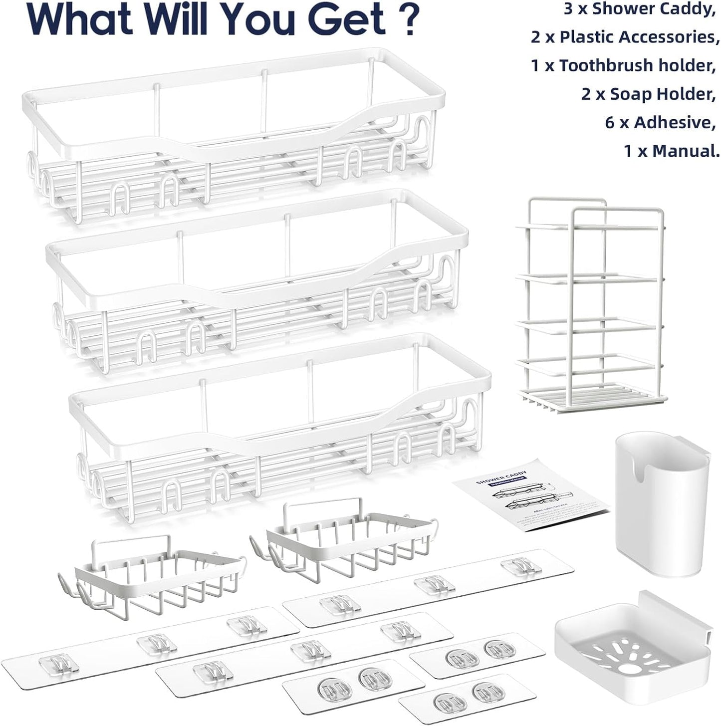 NESOMI Shower Caddy Adhesive Shower Organizer 7-Pack, Rustproof Stainless Steel Bathroom Shelves, Large Capacity No-Drill Rack Storage Accessories with Soap Dish Toothbrush Holder &24 Hooks Home Decor