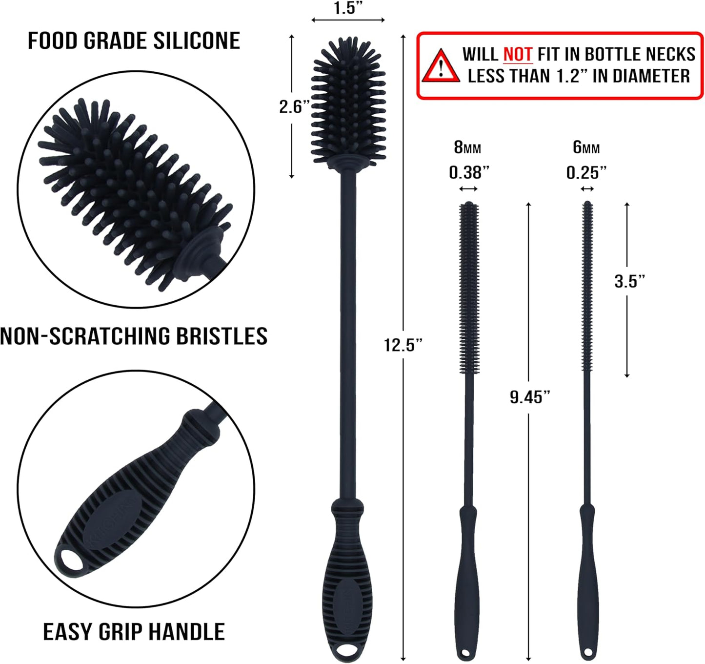 Kitchiny Silicone Bottle Brush with 2 Straw Cleaners - 12.5” Water Bottle Cleaner Brush for Yeti, Hydro Flask, Owala, Stanley, Baby Bottles, Glassware, Vases & Narrow Neck Containers - Grey