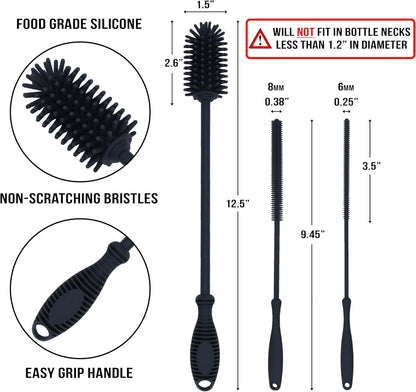 Kitchiny Silicone Bottle Brush with 2 Straw Cleaners - 12.5” Water Bottle Cleaner Brush for Yeti, Hydro Flask, Owala, Stanley, Baby Bottles, Glassware, Vases & Narrow Neck Containers - Grey
