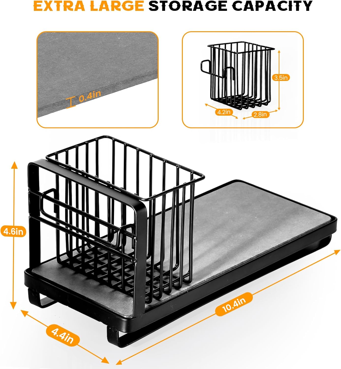 KONE Kitchen Sink Caddy: Sponge Holder for Kitchen Sink Counter with Instant Drying Stone and High Brush Holder, Rustproof Stainless Steel Sponge Holder for Sponges, Scrubbers, Soap (Black)