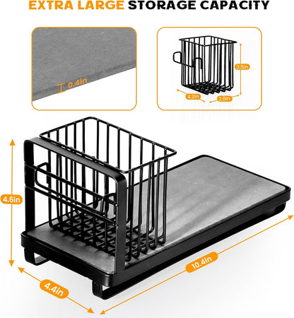 KONE Kitchen Sink Caddy: Sponge Holder for Kitchen Sink Counter with Instant Drying Stone and High Brush Holder, Rustproof Stainless Steel Sponge Holder for Sponges, Scrubbers, Soap (Black)