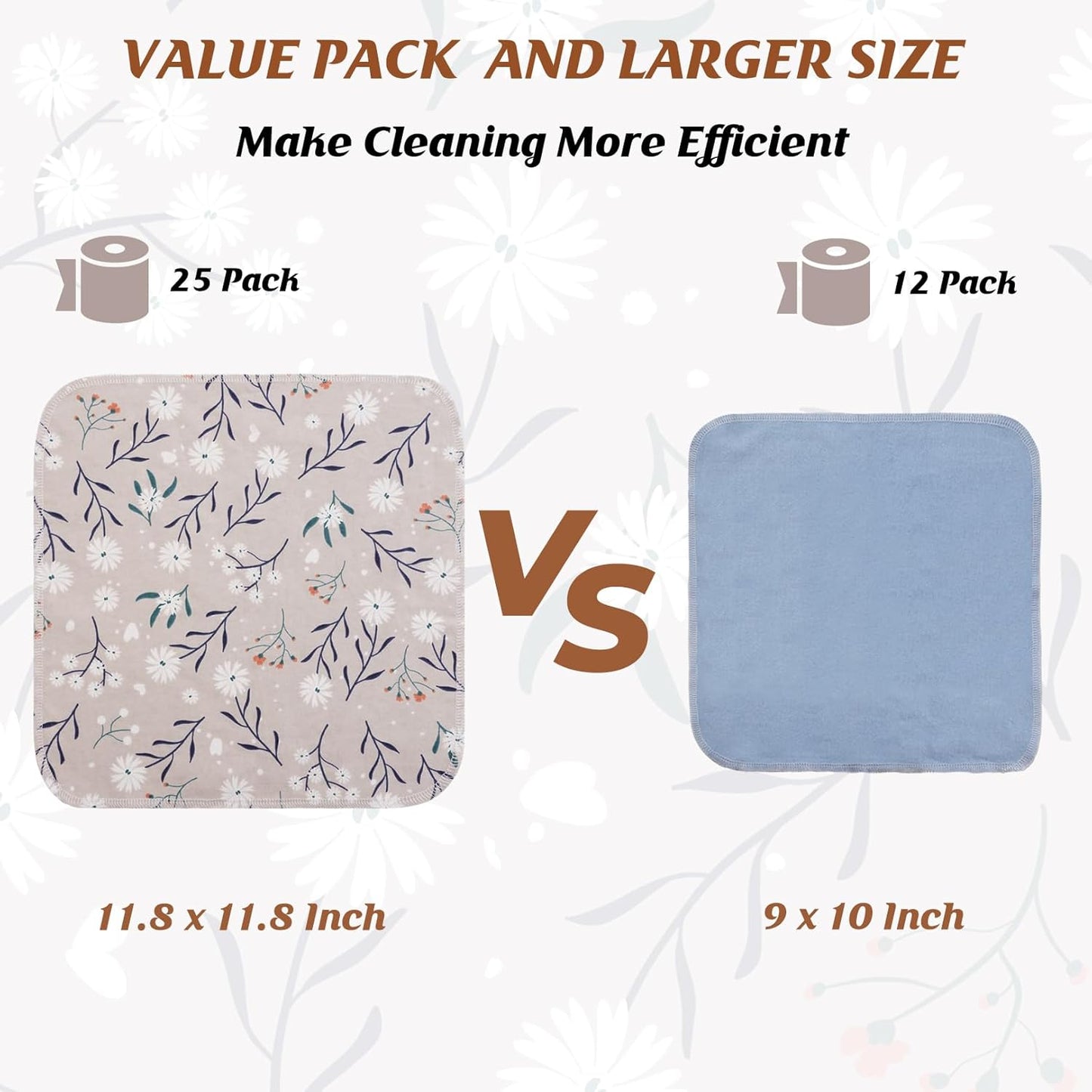 Paper Towels Washable Roll: 25Pack Cotton Cloth Paper Towels 11.8x11.8In Absorbent Soft Flannel Paperless Towels Alternative for Kitchen Reusable Napkins Zero Waste (Flower, Large)
