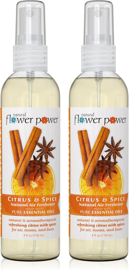 Natural Flower Power Air Freshener Spray - Odor Eliminator with Essential Oils for Home, Car & Fabric - Cruelty Free & Vegan - Variety Pack - Citrus & Spice + Lavender + Lemongrass - 3 x 4 fl oz