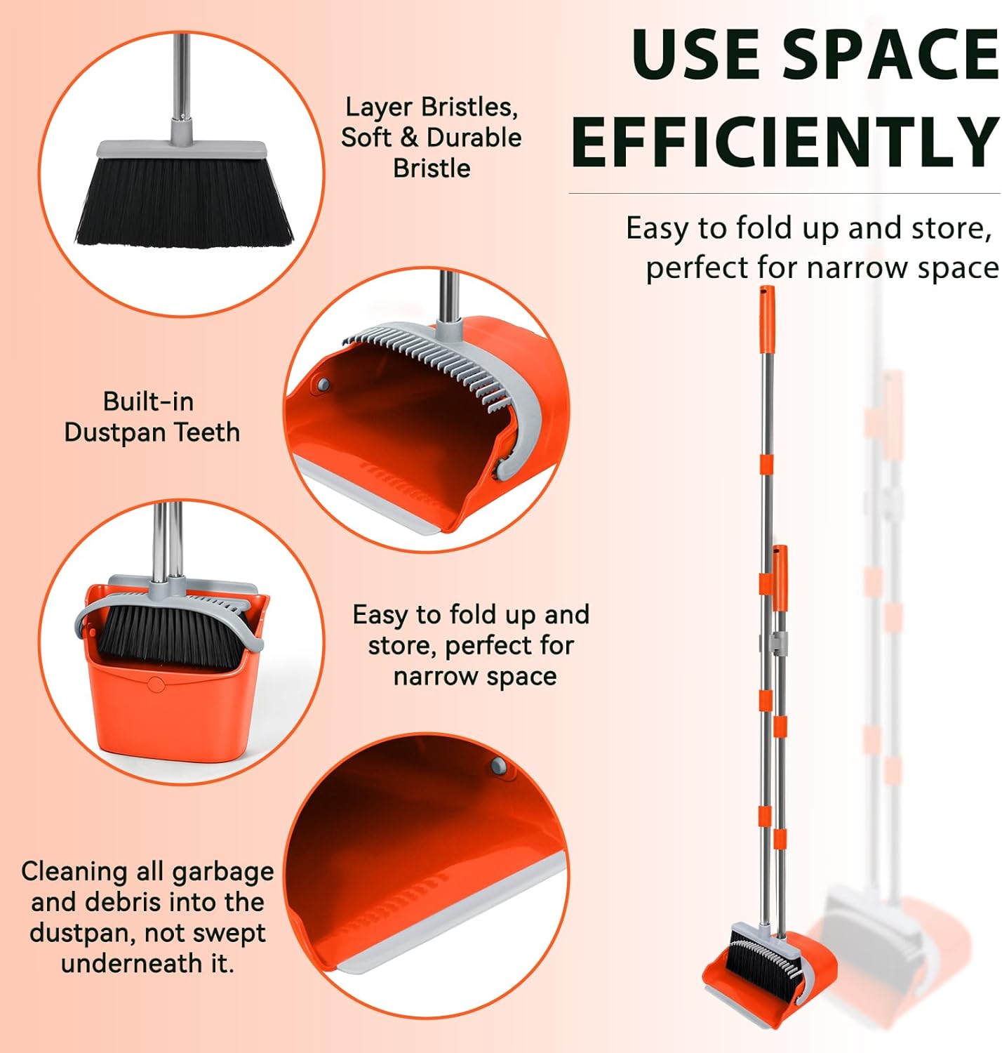 YZO Broom and Dustpan Set, 54.33 Inch Long Handle Standing Design, Dustpan Front Rubber Tight Seal, Broom with 5 Layer Bristles, Suitable for Living Room, Bedroom, Yard, Office and Apartment(Green)