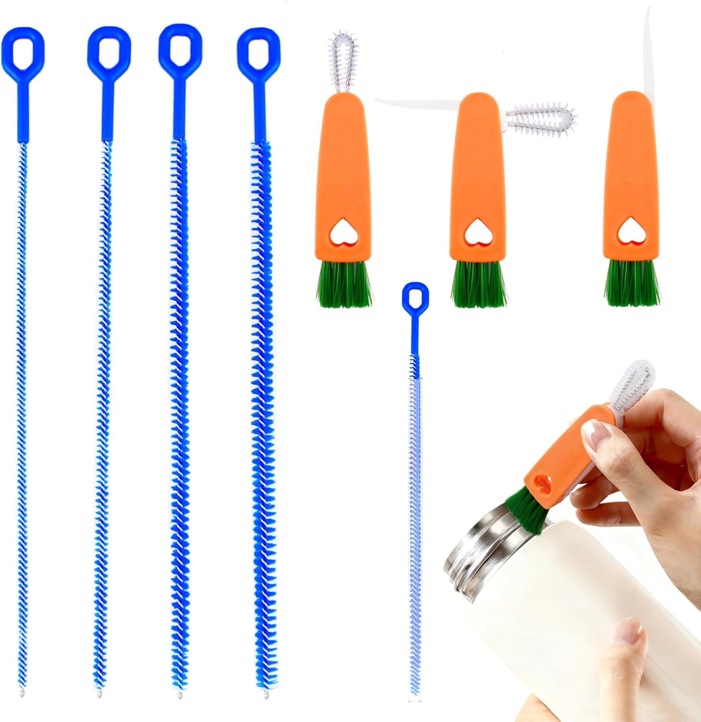 7pcs Reusable Straw Cleaning Set 4 Multi-Size Blue Brushes & 3 Multifunctional 3-in-1 Cup Lid Gap Cleaners for Bottles Mugs Accessories