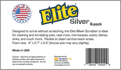 Elite Silver Scrubber Sponge, 6 Pack, Non Scratch, Sponges for Kitchen and Household Use, Made in USA (Regular)