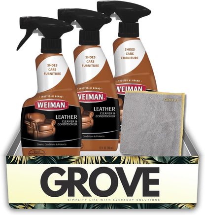 Weiman Leather Cleaner and Conditioner Couch 12 oz Liquid Bundle with Leather Wipes + Microfiber Towel – Cleans, Moisturizes, and Protects Surfaces from UV Damage – Gift Set (3 Items)