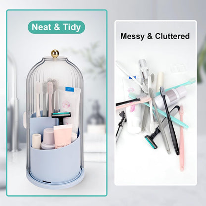 QIYVLOS Toothbrush Holders with Sliding Lid, Rotating 3 Slots Bathroom Organizer Countertop, Tooth Brush Toothpaste Holder Bathroom Counter Stand Sink Organizer Caddy for Vanity Makeup Brushes Holder