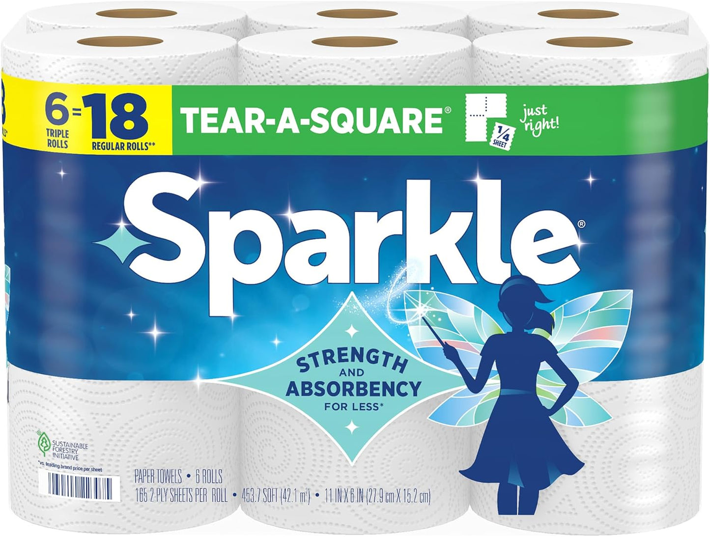 Sparkle Tear-A-Square Paper Towels, 2 Double Rolls (220 Sheets Total) - Strong 2-Ply Towels for Kitchen Cleanup and Everyday Messes