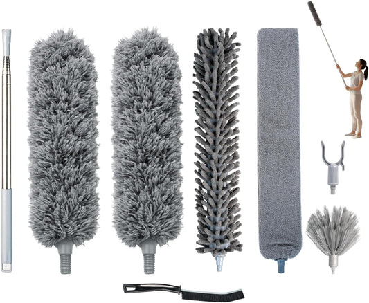 Microfiber Feather Duster with Extension Pole 100 Inches, (8 PCS), Cleaning Brush, Dusters for Cleaning High Ceilings, Cobwebs, Blinds, Cars, Reusable, Washable, Extendable, Ceiling Fan Cleaner Duster