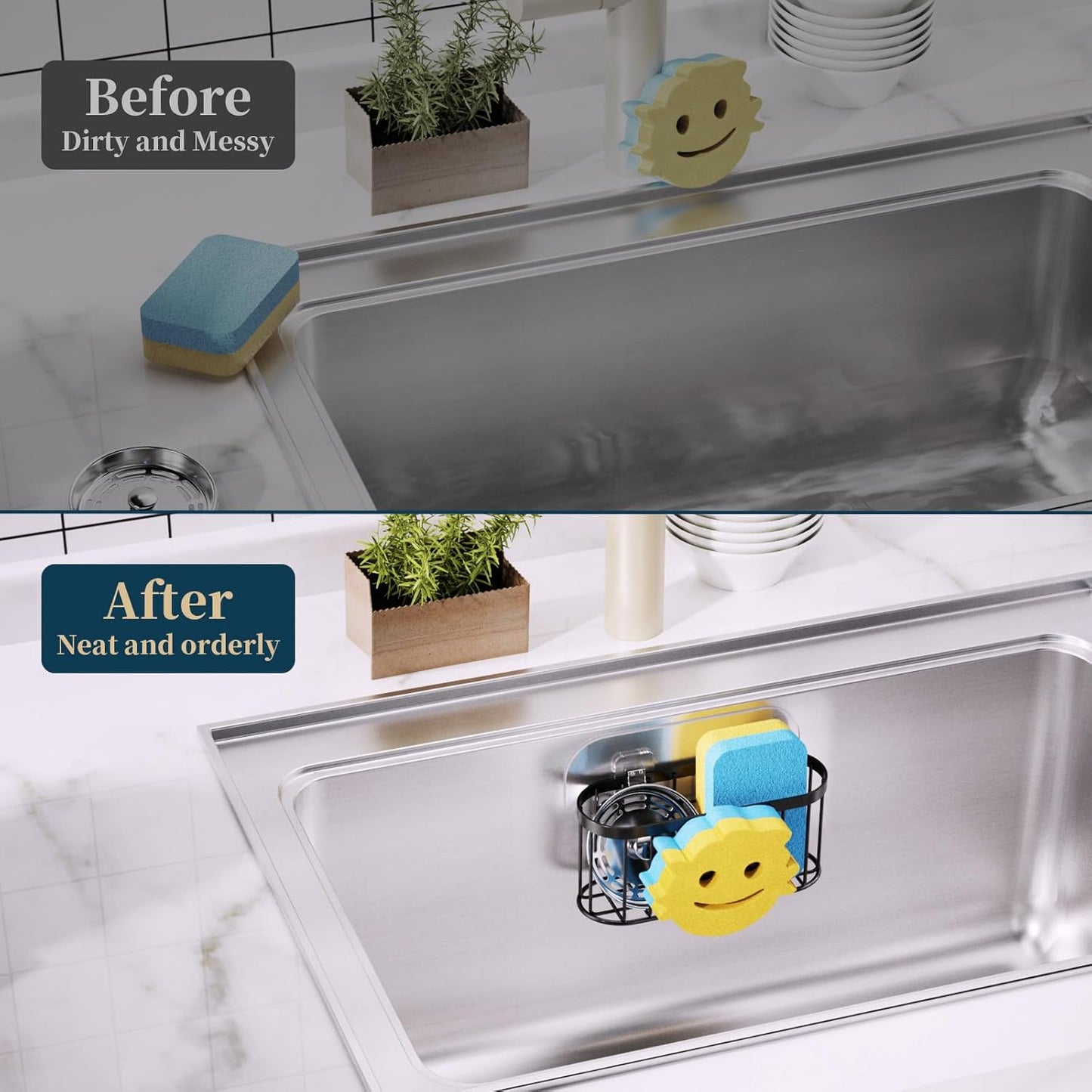 Consumest Sponge Holder Sink Caddy - Ladder Shaped Sponge Holder for Kitchen Sink with 2 Installation Ways (Suction Cups & Adhesive Hook), Rustproof Stainless Steel Kitchen Organizer, Silver