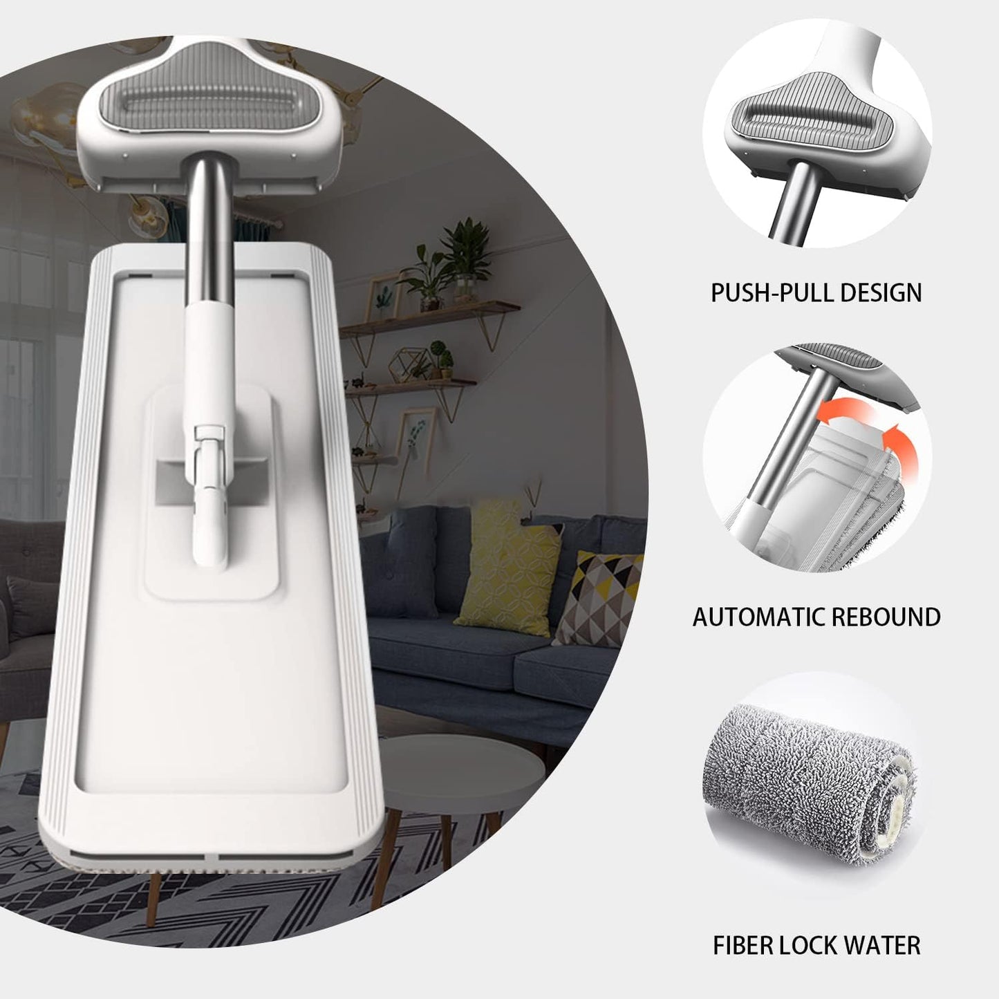 Microfiber Mop Bucket Set, Flat Mop with Bucket, Floor Brush & Glass Squeegee Included, Wet Dry Cleaning System with 6 Washable Pads (1 Mop+6 Microfiber Pads+1 Bucket+1 Floor Brush+1 Glass Wiper)