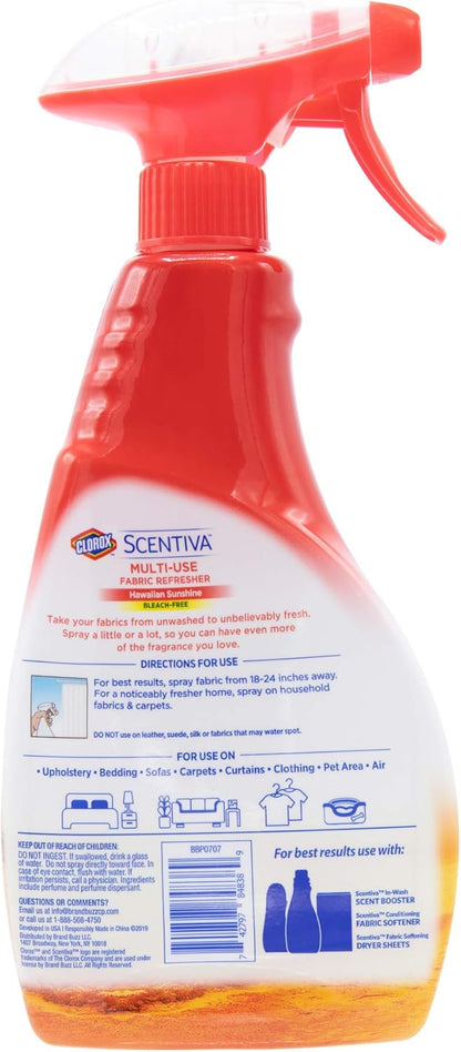 Clorox Scentiva Fabric Refresher Spray, Pacific Breeze and Coconut Scent for Household Fabrics, Odor Refresher for Upholstery, Curtains, Bedding, and Carpets, Non-Bleach, 16.9 Fl Oz