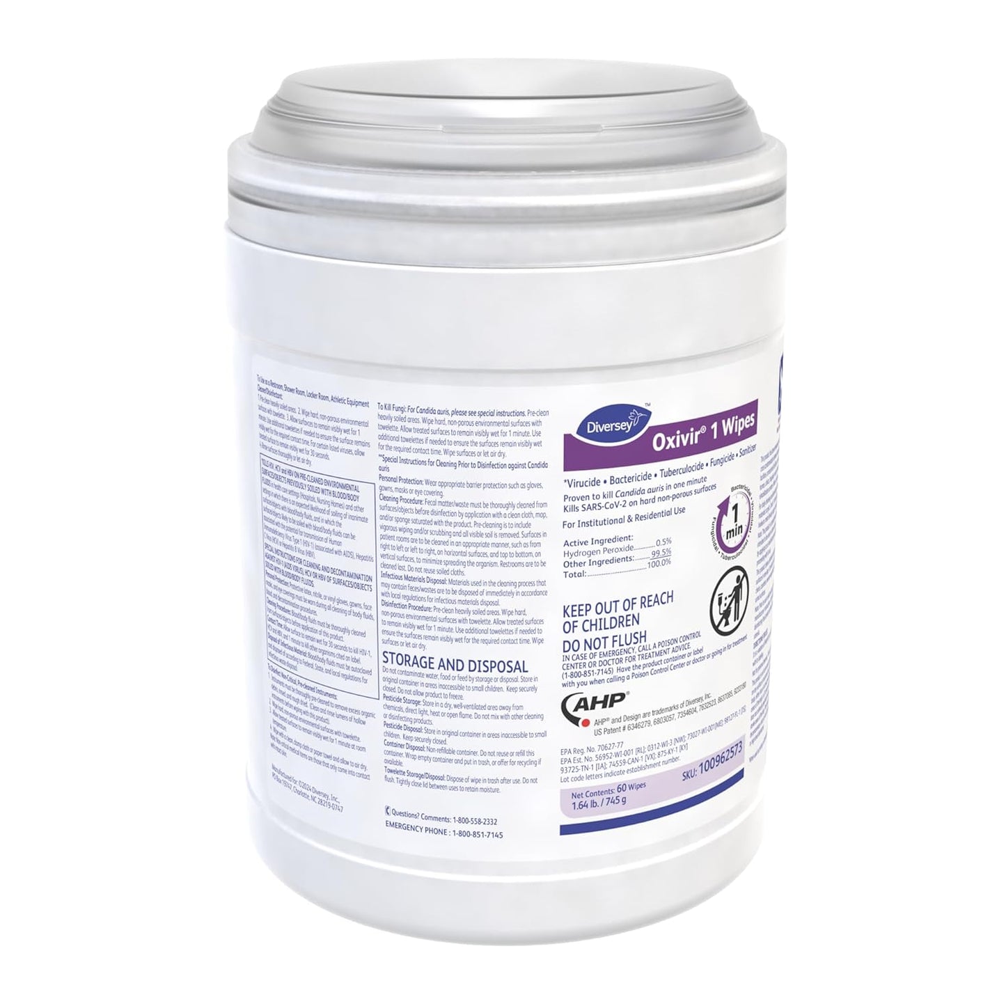 Oxivir Diversey 1 Disinfectant Wipes, AHP Hydrogen Peroxide Cleaner, Multi-Surface Cleaner for Home & Commercial Use, Large Wipes, 60 Count Canister