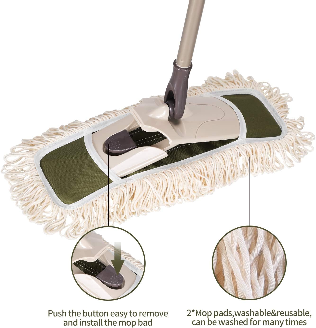 Eyliden Dust Mop with Reusable Washable Pads - One-Touch Pad Release, Height Adjustable Handle, Total 2 Mop Cloths, Wet Dry Mops for Floor Cleaning, Hardwood, Laminate, Tile Floor Push Dust Broom