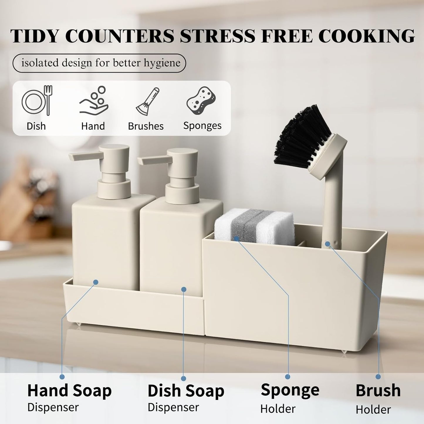 Kitchen Soap Dispenser Set with Sponge Holder and Brush for Sink Rack Hand Soap and Dish Soap Dispensers Black 4-in-1