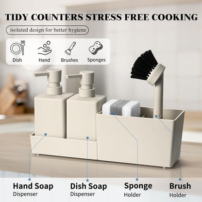 Kitchen Soap Dispenser Set with Sponge Holder and Brush for Sink Rack Hand Soap and Dish Soap Dispensers Black 4-in-1