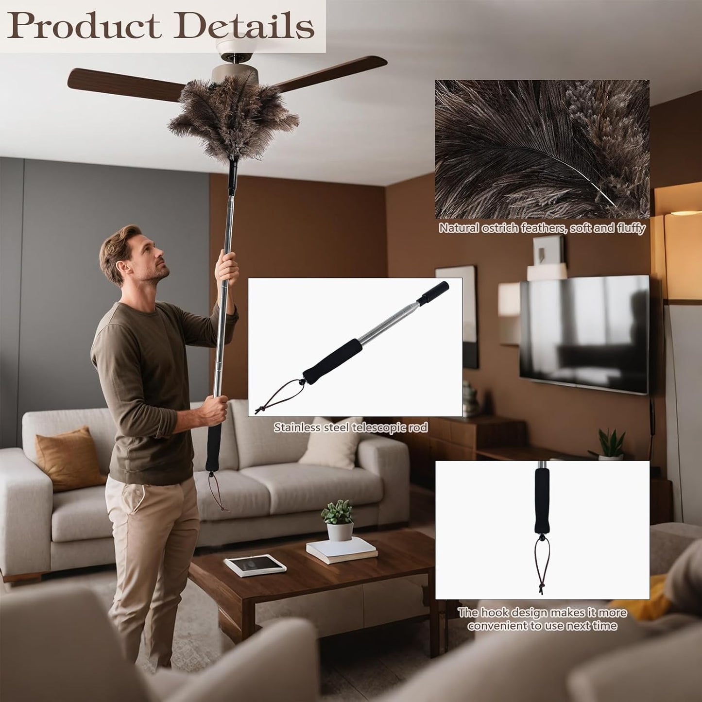 Natural Ostrich Feather Duster 14.9 inch Fluffy Mini Dusters with Plastic Handheld for Cleaning Car Keyboard Office 1 Pcs