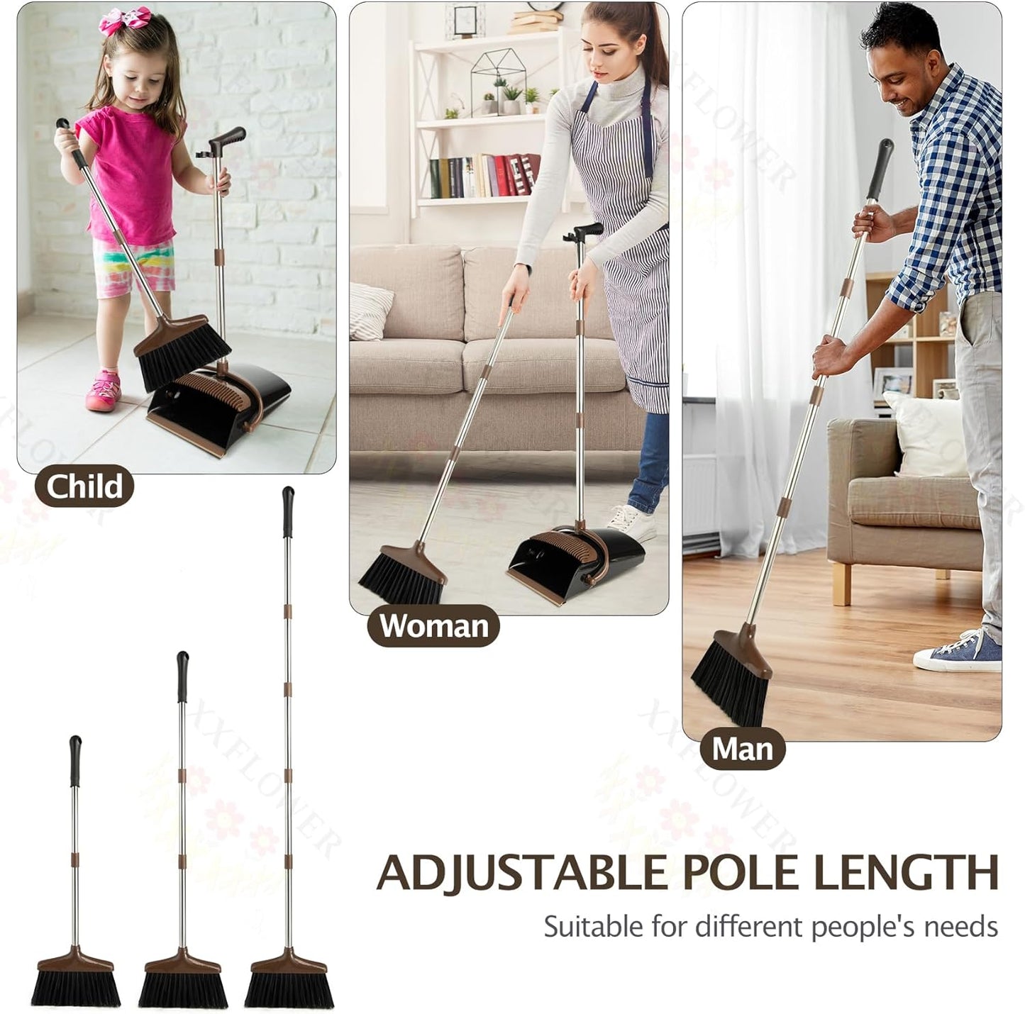 Broom and Dustpan Set with Long Handle, Light Weight Stainless Steel Poles Stand Upright Dustpans with Broom Combo for Home Kitchen Office Pet Dog Hair, 1-Pack (Purple)