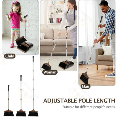 Broom and Dustpan Set with Long Handle, Light Weight Stainless Steel Poles Stand Upright Dustpans with Broom Combo for Home Kitchen Office Pet Dog Hair, 1-Pack (Purple)
