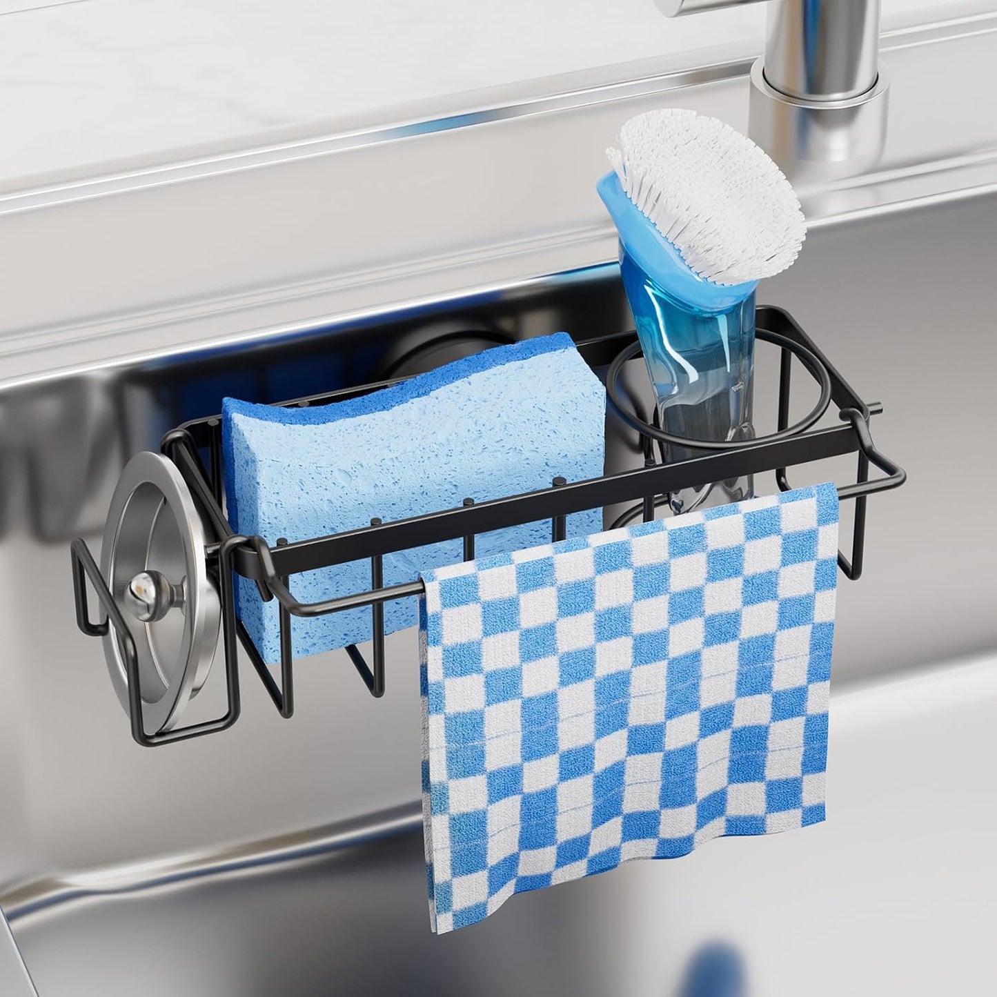 TAILI 4-in-1 Sink Caddy with Strong Suction Cup, Sponge Holder for Kitchen Sink Organizer, Removable, Rustproof, Stainless Steel Holder for Sponge, Brush, Scrubber, Scraper - Silver
