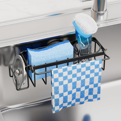 TAILI 4-in-1 Sink Caddy with Strong Suction Cup, Sponge Holder for Kitchen Sink Organizer, Removable, Rustproof, Stainless Steel Holder for Sponge, Brush, Scrubber, Scraper - Silver