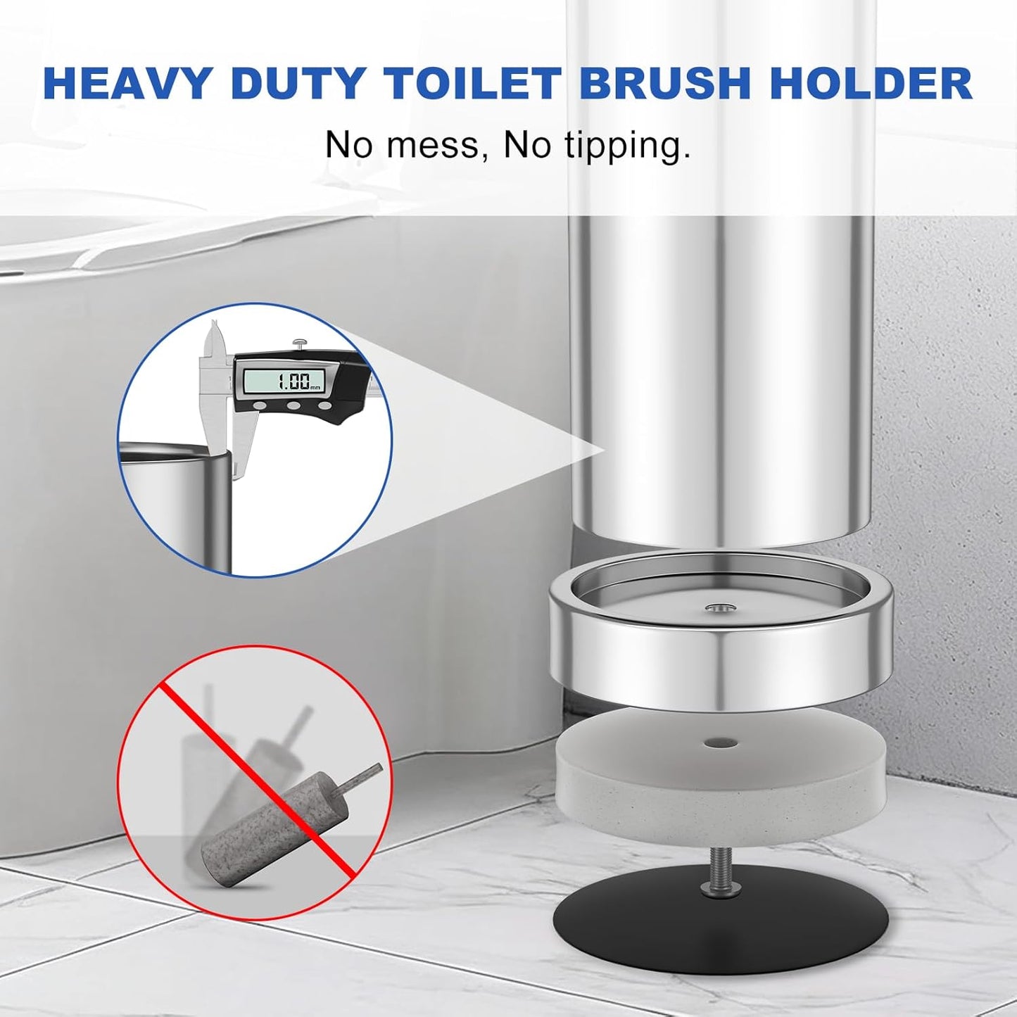 Toilet Brush and Holder Set: 304 Stainless Steel Heavy Duty Toilet Bowl Brush and Holder with Removable Inner Bowl and Splash Protection, Modern Long Handle Bathroom Cleaning Tool