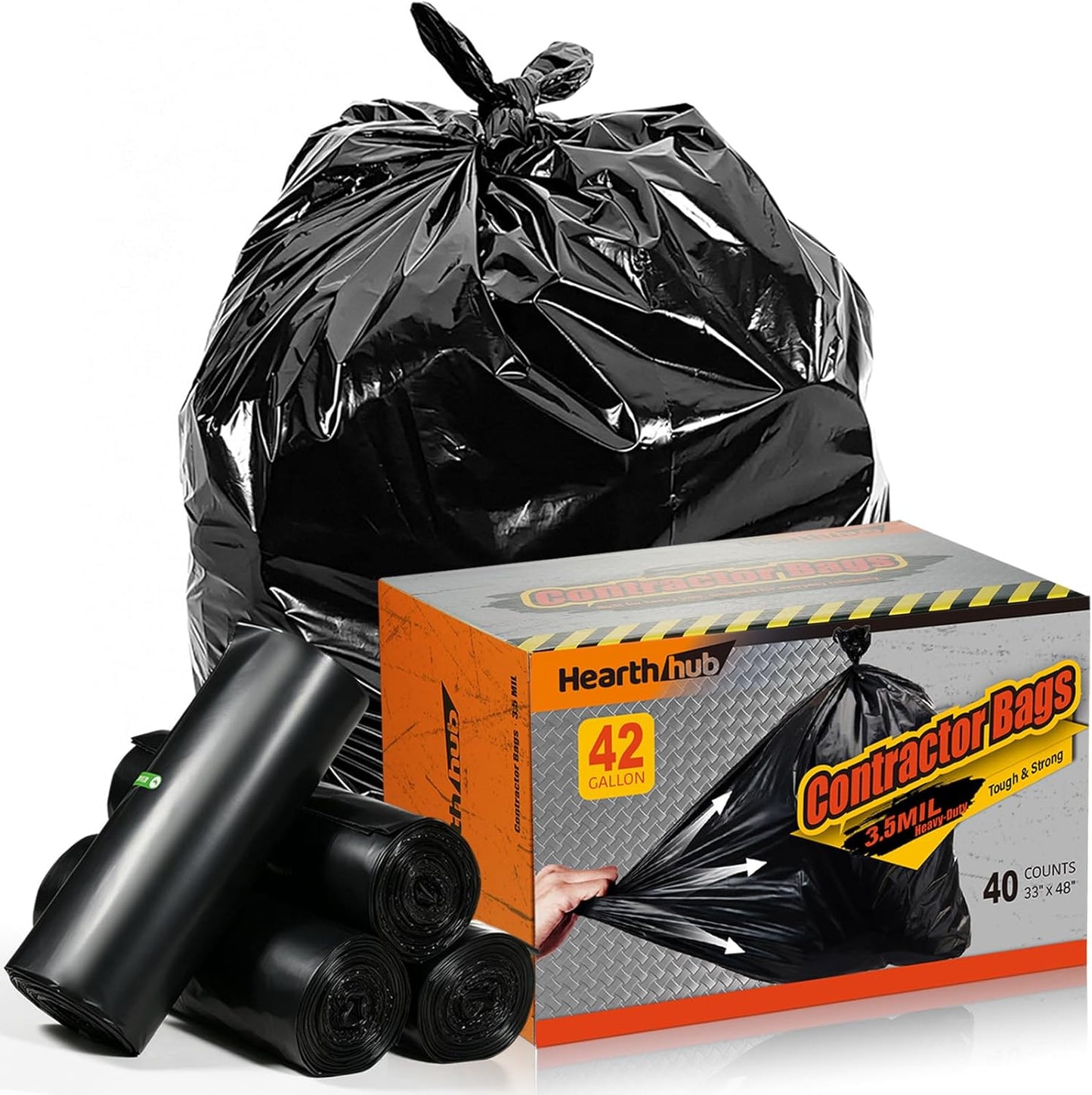 42 Gallon Contractor Garbage Bags - 3.5 MIL Thick Heavy Duty Trash Bags - 33" X 48" Large Black Bag for Construction, Commerical, Industrial, Yard, Outdoor Use (10 Count)