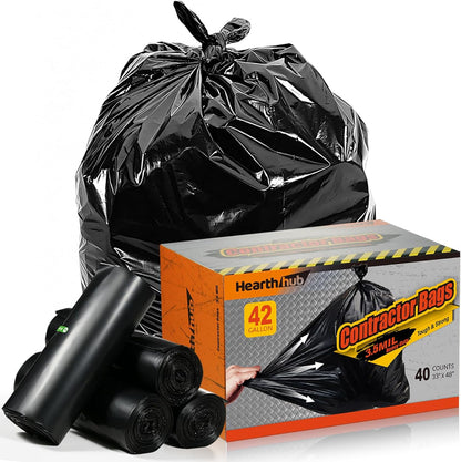 42 Gallon Contractor Garbage Bags - 3.5 MIL Thick Heavy Duty Trash Bags - 33" X 48" Large Black Bag for Construction, Commerical, Industrial, Yard, Outdoor Use (10 Count)